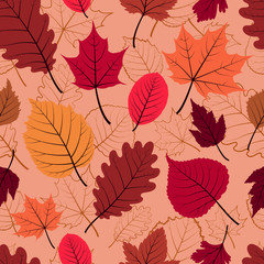 Colorful pink-brown seamless pattern with autumn leaves.