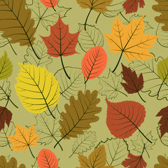 Seamless green pattern with autumn leaves.