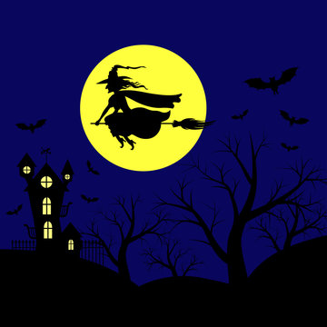 Halloween landscape with witch flying in sky
