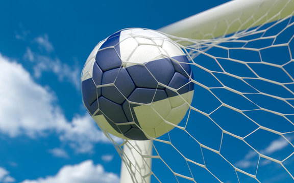 Flag of Finland and soccer ball in goal net