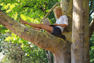 Naklejka na ściany i meble Beautiful young woman using laptop in nature. Freelancer working in a park outdoors.