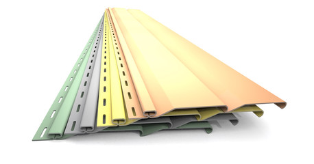Plastic siding panels of different colors.