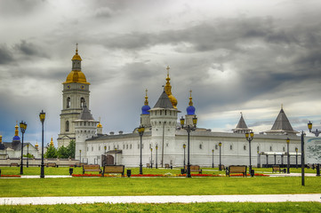 Fototapeta na wymiar Tobolsk Kremlin view Gostiny Dvor menacing sky Russia Siberia