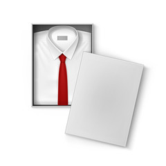 White classic men shirt with red tie in packaging box