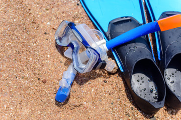 Skin diving gear lying ready on the beach