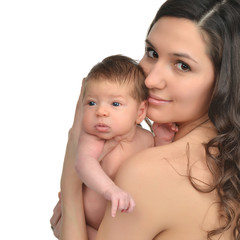 mother woman holding 3 weeks infant child baby kid girl a