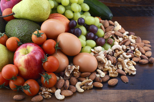 Healthy Diet with fresh fruit, eggs, nuts and vegetables.