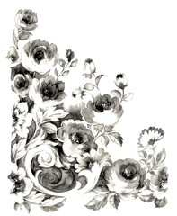 흑백 톤의 꽃과 사라사 문양