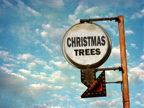 aged and worn vintage photo of christmas tree sign