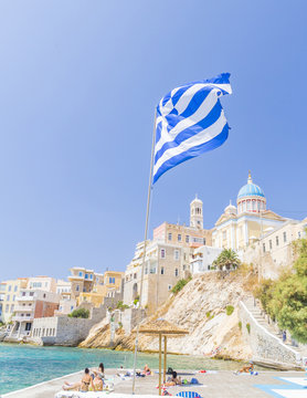Syros or Siros, greek island, flag, sunbathing