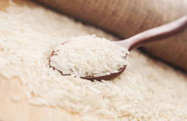 Rice, White rice in wooden spoon