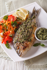 Grilled dorado fish with pesto and vegetable salad. Vertical
