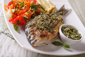 Grilled Dorado with pesto sauce and fresh salad closeup. horizontal
