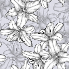 black and white seamless background with lilies.