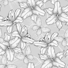 black and white seamless background with lilies and butterflies.