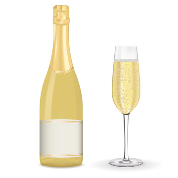 Bottle of champagne with blank label and a glass