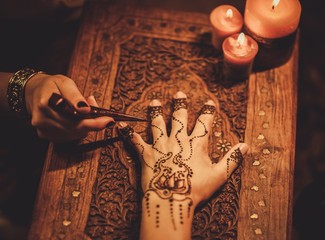 Drawing process of henna menhdi ornament on woman's hand
