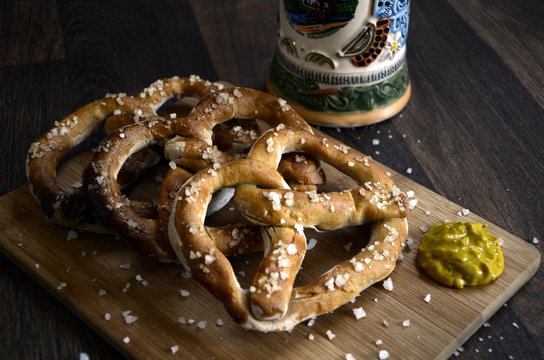 Authentic German Pretzels with Beer Stein and Mustard