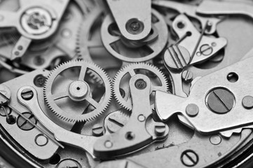 Black and white macro photo metal clockwork