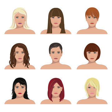 Set of various woman`s hair style. Vector illustration.