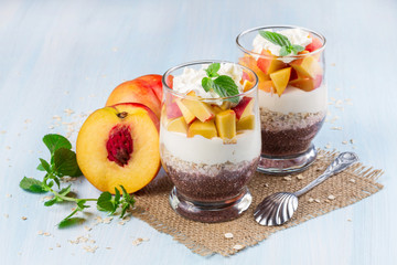 Chia seeds with oat flakes and peaches