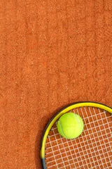 Tuinposter Sport background with a tennis racket and ball. Vertical image. © g215