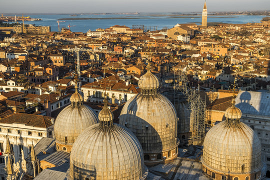 Panoramic of Venice and the domes of San Mark&acute;s from Campanile tower in Venice, Italy