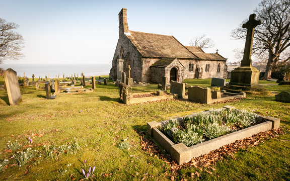 St. Peter's Church, Heysham, Lancashire, England. The grade 1 listed historic building overlooking Morecambe Bay in the Lancashire village of Heysham.