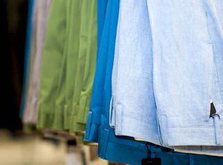 Set of colored pants in the store.