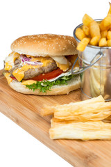 burger with fried potatos in bucket