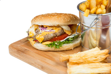 burger with fried potatos in bucket