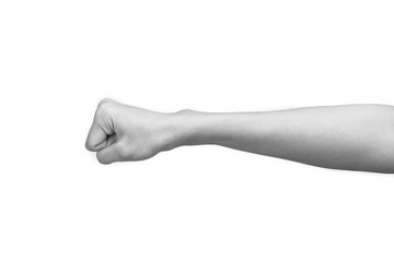BW tone of The hands are punching isolated on white background.
