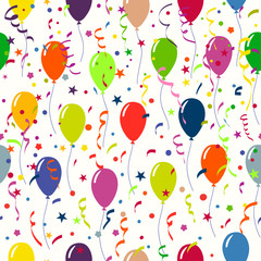 Bright holiday background with balloons and confetti. Seamless p