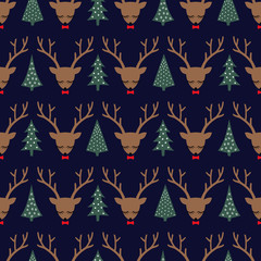 Cute sleeping deer with bow and Xmas Trees seamless pattern. Deer head silhouette background for winter holidays