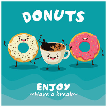 Vintage donuts & coffee cartoon character poster design