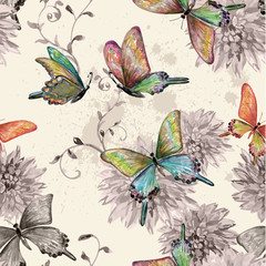 Fototapeta premium vintage seamless texture with of flying butterflies. watercolor