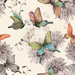 Meubelstickers Vlinders vintage naadloze textuur met vliegende vlinders. waterverf