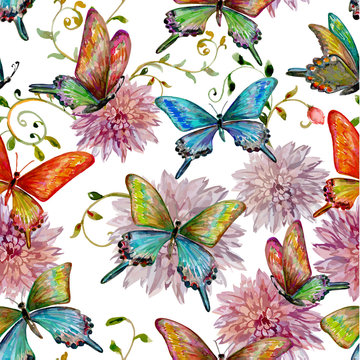 retro seamless texture with of flying butterflies. watercolor pa