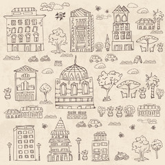 Obraz premium doodle set of houses with trees