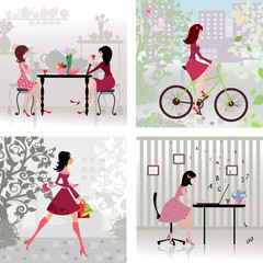 Collection cute girls in the city. cityscape. landscape with tre