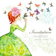 fashion girl with butterflies. watercolor painting. vector illus