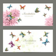 collection invitation cards with butterflies. watercolor paintin