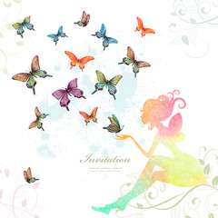 Fototapeta premium greeting card with fairy with butterflies. watercolor painting.