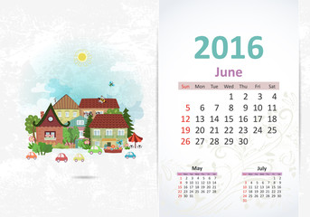 Cute sweet town. calendar for 2016, June