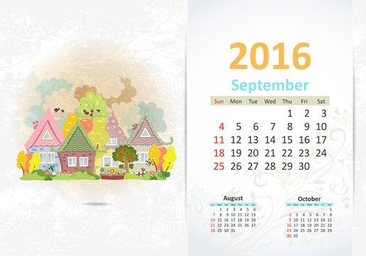 Cute sweet town. calendar for 2016, September