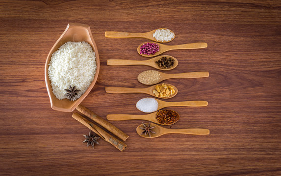 spice and herb in spoons on wooden background.