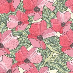 Seamless poppy pattern with leafs. Hand drawn floral background