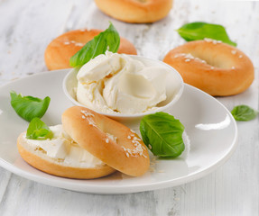Fresh bagels with cream cheese