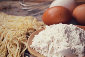 Making noodle with eggs and wheat flour