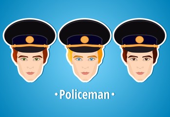 Set of vector illustrations of a policeman. Policeman. The man's face. Icon. Flat icon. Minimalism. The stylized man. Occupation. Job. Uniforms, police cap.